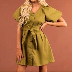 Entro Button Down Puff Sleeve Textured Mini Dress